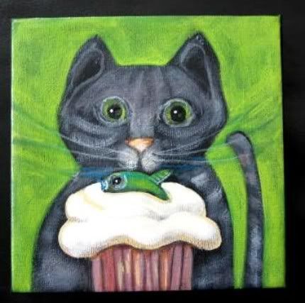Original Acrylic On Canvas Grey Tabby Cat's Cupcake Signed 5X5 in.