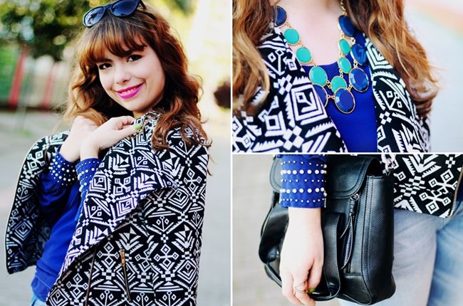 Outfit, Tribal print jacket, Poppy Lux, Primark blue bead blouse, Persunmall black bag, Happiness Boutique necklace, Lanidor jeans, Primark black heels, Mirabella LaLa Lips