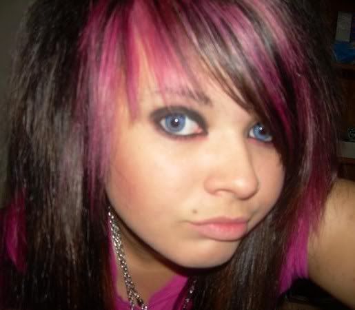 emo girls with black and pink hair. lack pink scene emo girl hair