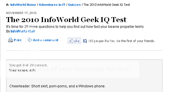 Resultado do quiz 2010 Geek IQ Test 